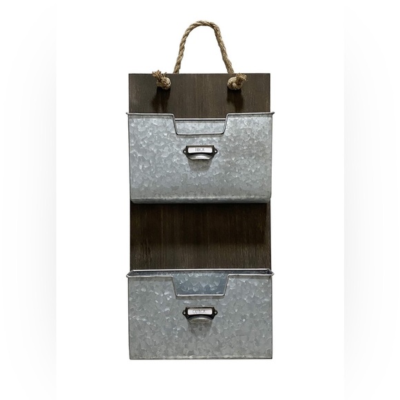 Rae Dunn 2 tier wall hanging mail filer rustic farmhouse wood metal inbox outbox - Picture 3 of 10
